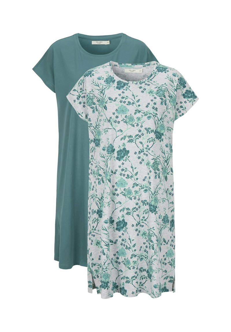 Två korta klänningar visas. Den ena är enfärgad teal, och den andra har ett blommönster i nyanser av grönt mot en ljusgrå bakgrund.