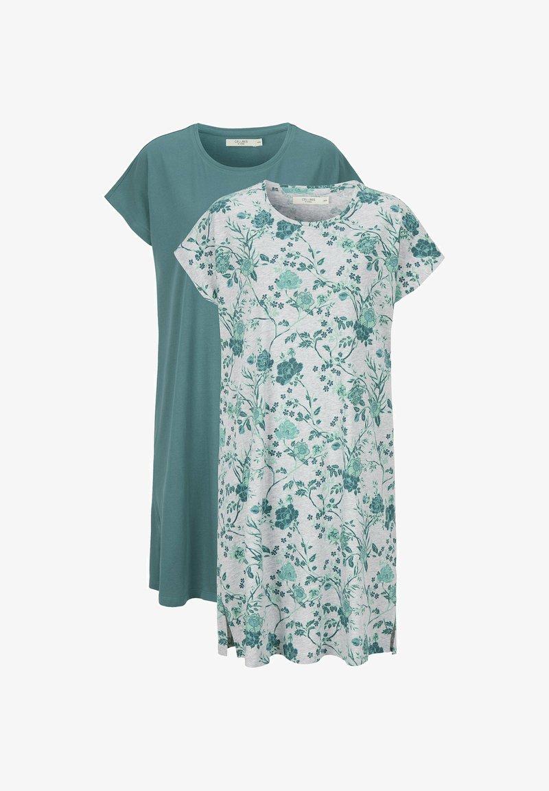 Två korta klänningar visas. Den ena är enfärgad teal, och den andra har ett blommönster i nyanser av grönt mot en ljusgrå bakgrund.