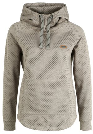 Light brown hoodie with gray speckled pattern, adjustable drawstring hood, front pouch pocket, and logo patch detail. Soft fabric texture.