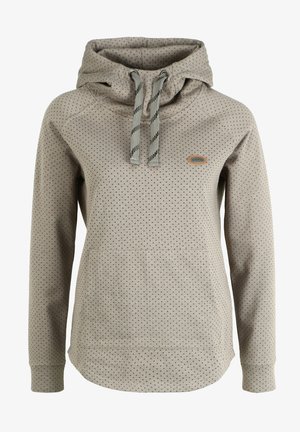 Lys brun hættetrøje med grå spraglet mønster, justerbar snor i hætten, frontlomme og logo-patch detalje. Blød stofstruktur.