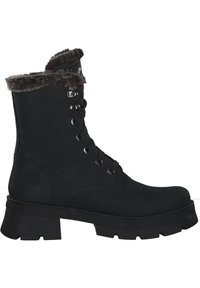 Czarne sznurowane botki z teksturowaną powierzchnią, sztucznym futrem przy kołnierzu oraz grubą gumową podeszwą z wytrzymałym bieżnikiem.