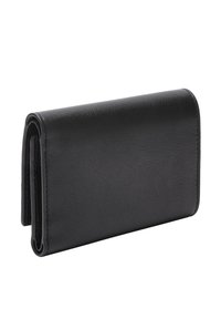 Portafoglio in pelle nera con una texture liscia, forma rettangolare e un design semplice a risvolto. Presenta cuciture precise lungo i bordi.