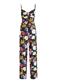 Blommig jumpsuit med en figursydd bodice, tunna axelremmar och vida byxor. Har en marinblå bakgrund med flerfärgade blommor och lövverk.