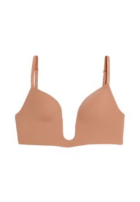 Sujetador nude con escote en V profundo, copas sin costuras y tirantes ajustables. Hecho de tela suave y elástica, ofrece un diseño minimalista.