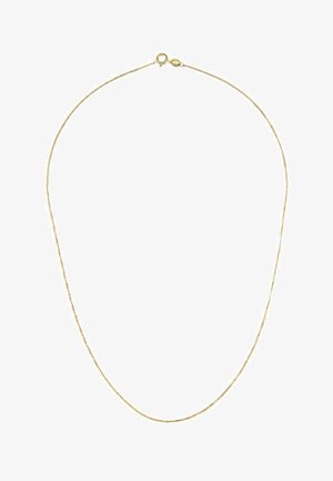 Zelta toņa metāla kaklarota ar smalku ķēdes dizainu, ar omāra aizdari un gludu, spīdīgu virsmu.