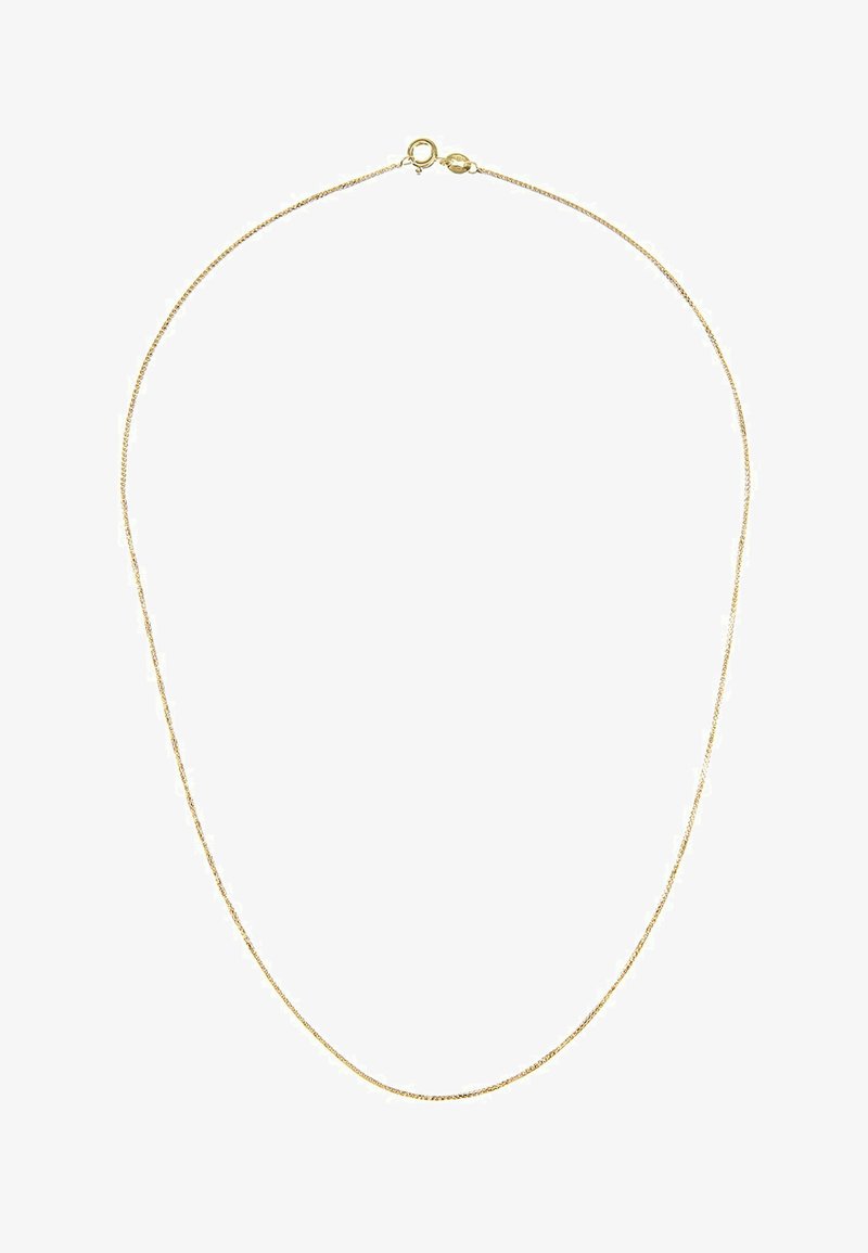 Ogrlica od metala u zlatnoj boji s nježnim lancem, kopčom u obliku škampa i glatkom, sjajnom površinom.