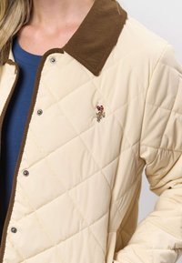 Beež vatiiniga jope, millel on pruun sametkrae ja rindkere peal kaunistav tikitud muster. Esiküljel on kinnitamiseks snap-lukud.