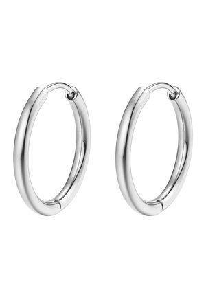 Paar glatter, polierter silberner Creolen mit Scharnierverschlüssen, vor weißem Hintergrund dargestellt.