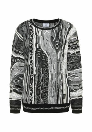 Zwart-wit gebreide trui met ingewikkelde texturen, diverse breipatronen en een geribde halslijn en zoom.