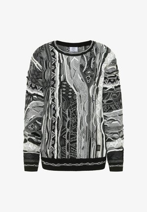 Zwart-wit gebreide trui met ingewikkelde texturen, diverse breipatronen en een geribde halslijn en zoom.