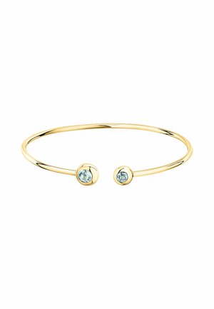 Bracciale rigido in oro con un design sottile e liscio, caratterizzato da due gemme rotonde di un blu chiaro su ciascun capo, incastonate in accenti circolari lucidi.