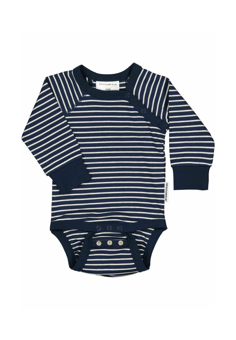 Marinblå och krämfärgad randig långärmad bodysuit med tryckknappar vid axeln och botten, tillverkad av mjukt bomullstyg.