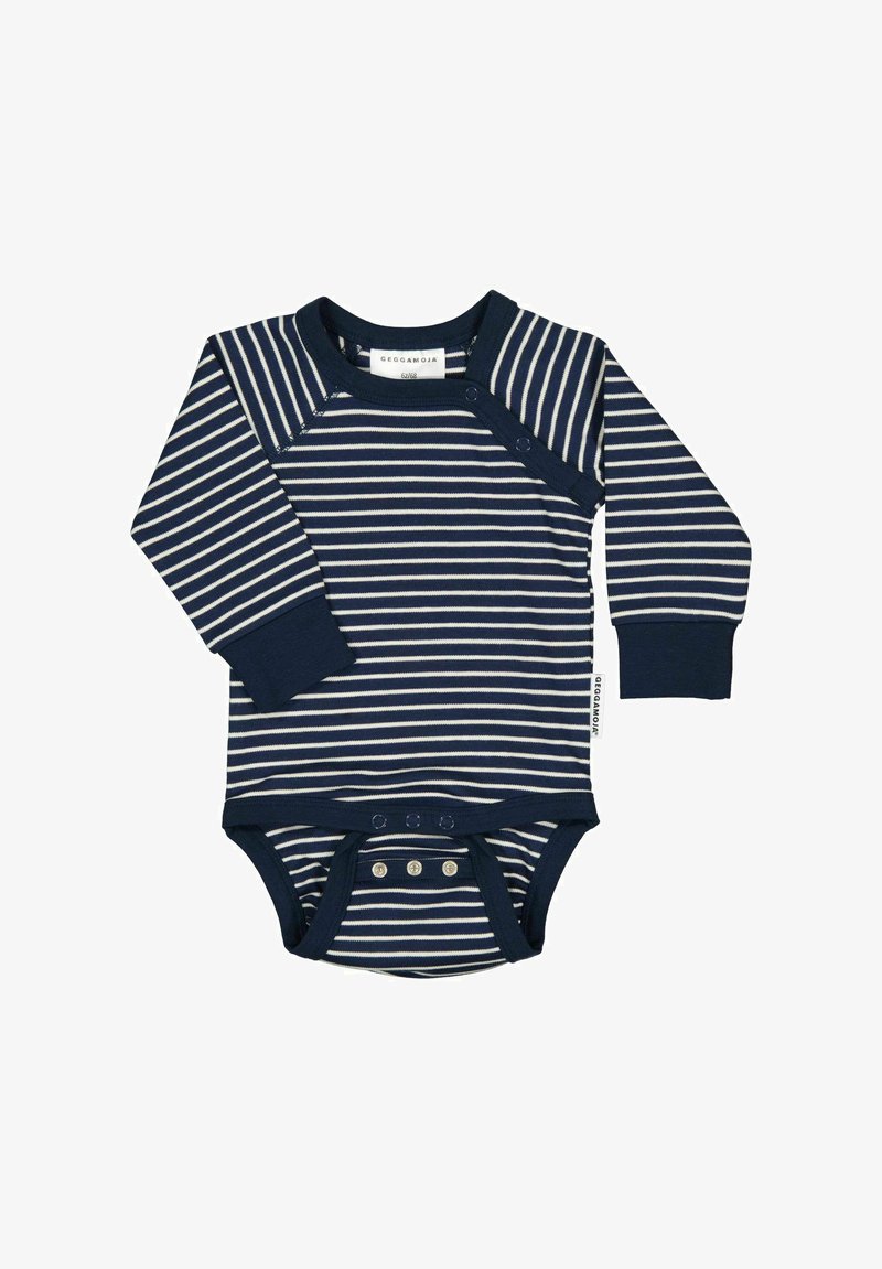 Marinblå och krämfärgad randig långärmad bodysuit med tryckknappar vid axeln och botten, tillverkad av mjukt bomullstyg.