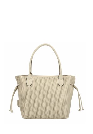 Sac à main beige avec un motif de vagues vertical, fabriqué en matériau texturé. Dispose de deux poignées et de liens latéraux ajustables pour la fermeture.