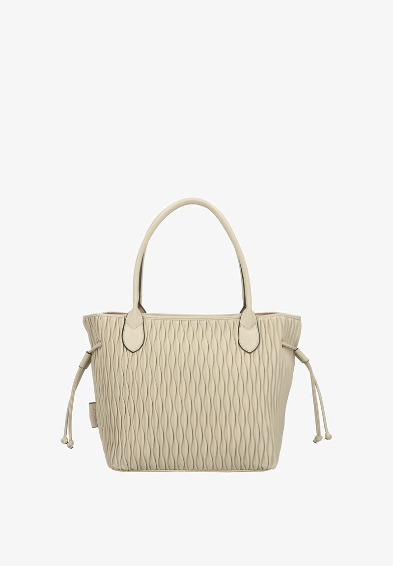 Sac à main beige avec un motif de vagues vertical, fabriqué en matériau texturé. Dispose de deux poignées et de liens latéraux ajustables pour la fermeture.