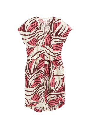 Kurzärmeliges knielanges Kleid mit abstraktem pink-braun-cremefarbenem Zebra-Muster und passendem Stoffgürtel in der Taille.
