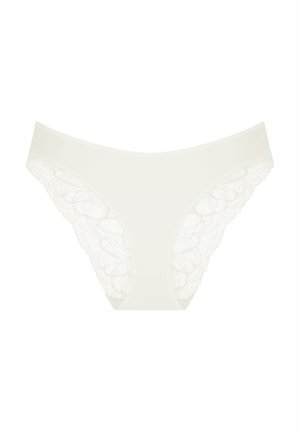 White lace panties featuring a smooth front panel and intricate lace detailing on the sides, creating a delicate, textured pattern.