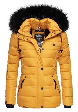 Yellow puffer coat with a detachable black fur-lined hood, zippered pockets, and ribbed cuffs; features horizontal quilted design.