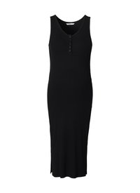 Schwarzes ärmelloses Kleid mit Rundhalsausschnitt, Knopfdetail auf der Vorderseite, langem, figurbetontem Schnitt und seitlichen Schlitzen für mehr Bewegungsfreiheit.