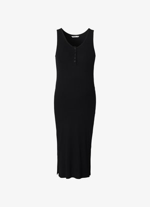 Black sleeveless dress with a scoop neckline, button front detail, long fitted silhouette, and side slits for ease of movement.