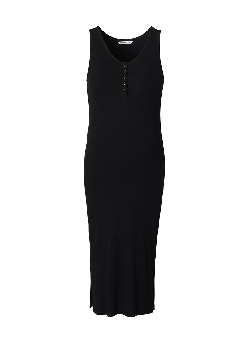 Schwarzes ärmelloses Kleid mit Rundhalsausschnitt, Knopfdetail auf der Vorderseite, langem, figurbetontem Schnitt und seitlichen Schlitzen für mehr Bewegungsfreiheit.