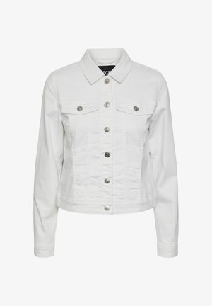 Hvit denimjakke med krage, lange ermer, to brystlommer, sølvknapper og en tettsittende design med cropped hem.