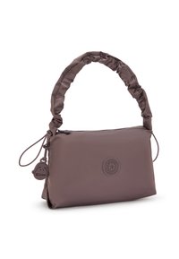 Shoulder bag in matte plum nylon. Ruffled handle, zip closure, and a round logo patch. Small charm attached with a playful face design.