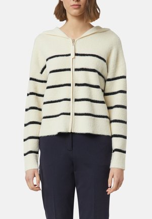 Gestreifter Hoodie mit Reißverschluss in Creme mit schwarzen Streifen, mit weicher Textur, angenähter Kapuze und gerippten Bündchen. Lässiges Design, hüftlanger Schnitt.