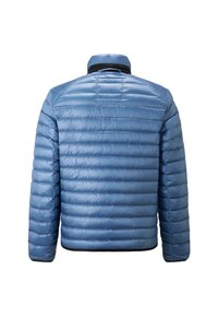 Light blue, puffer jacket with a quilted design, high collar, and black accents at the hem. Smooth, shiny material with a soft texture.