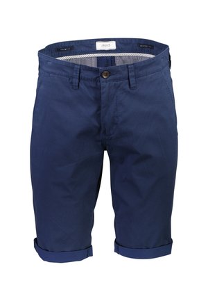Shorts chino bleu marine pour homme avec revers roulés, fermeture par bouton, passants pour ceinture et poches latérales, étiquette taille moyenne et coupe confortable.