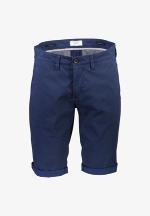 Shorts chino bleu marine pour homme avec revers roulés, fermeture par bouton, passants pour ceinture et poches latérales, étiquette taille moyenne et coupe confortable.
