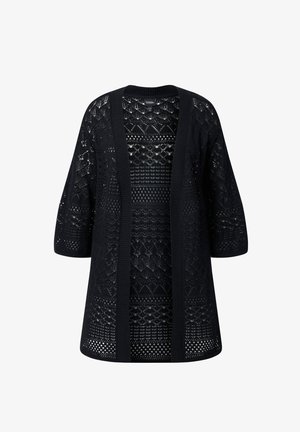 Cardigan nero aperto sul davanti in maglia all'uncinetto con maniche a tre quarti e motivi geometrici in pizzo su tutta la superficie.