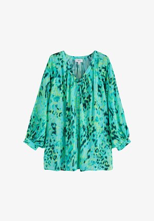 Blouse turquoise à manches longues avec imprimé animal abstrait vert et noir, col en V, boutons sur le devant et coupe ample.