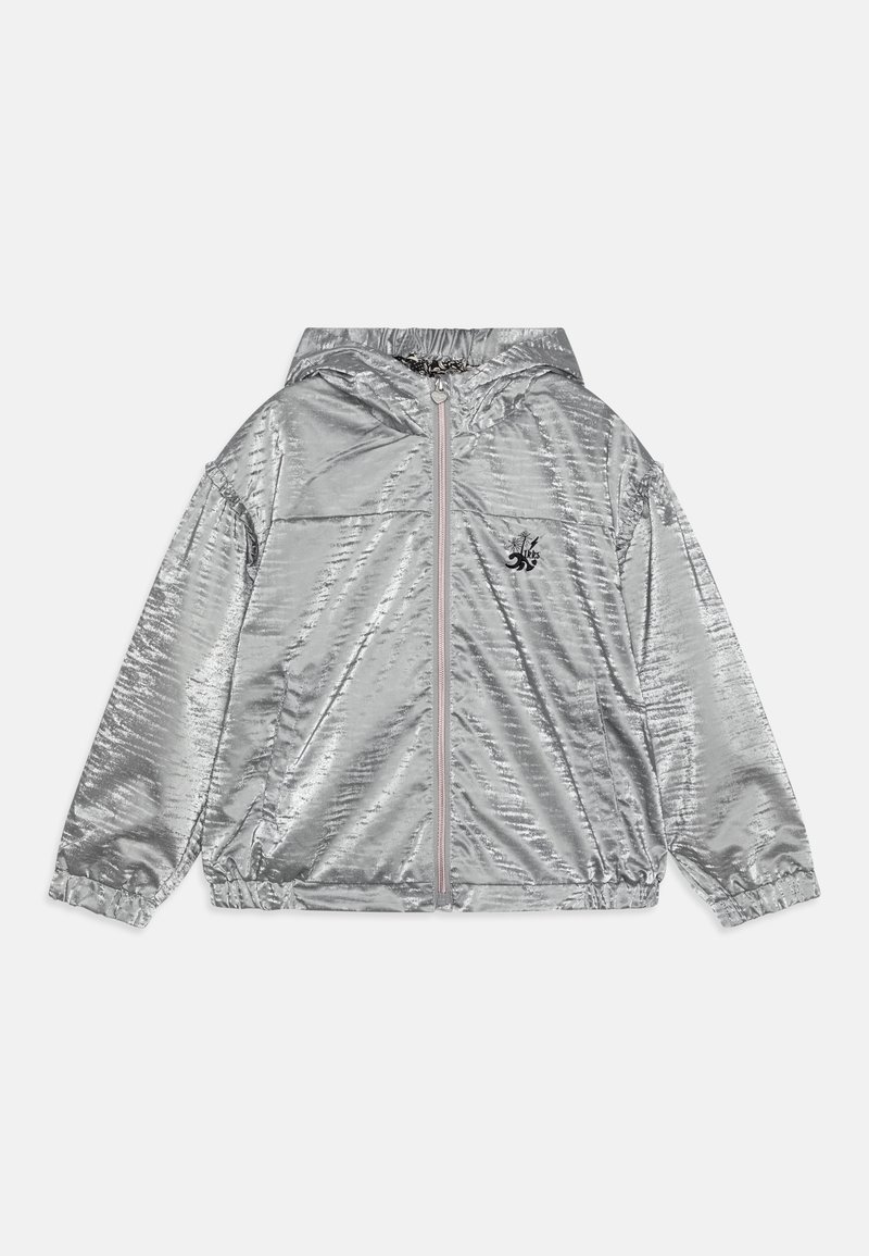 Silver hooded jacket with a shiny finish, pink zipper, and black logo on the chest. Features elastic cuffs and a relaxed fit.