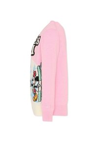 Maglione lavorato a maglia rosa con un design grafico caratterizzato da motivi di personaggi, parte inferiore bianca e polsini a coste. Tessuto morbido, vestibilità regolare.