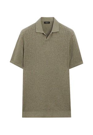 Kurzärmeliges, olivgrünes Strick-Poloshirt mit strukturiertem Muster und offenem Kragen, entworfen für legere Freizeitkleidung.