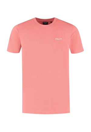 Short-sleeve, round-neck t-shirt in coral pink, made of smooth cotton fabric; features a small white logo on the chest.