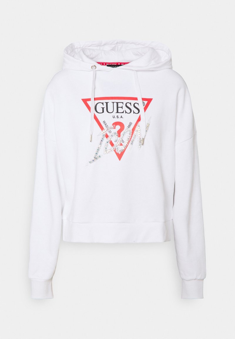 Sweat à capuche blanc avec logo triangulaire rouge Guess, capuche avec cordon, manches longues et texte « Los Angeles » en sequins argentés sur le devant.