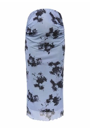 Midi krilo svetlo modre barve brez naramnic z črnimi cvetličnimi potiski in naborki v predelu pasu, z rahlo prosojnim robom.