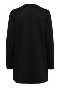 Svart kappa med långa ärmar, vävd struktur, rak skärning och rundad halsringning. Har en ren, minimalistisk design utan synliga knäppningar.