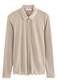 Beige gerippte Knopfleiste mit Kragen, langen Ärmeln und gewelltem Saum. Weicher Stoff und runde Knöpfe entlang der Vorderseite.