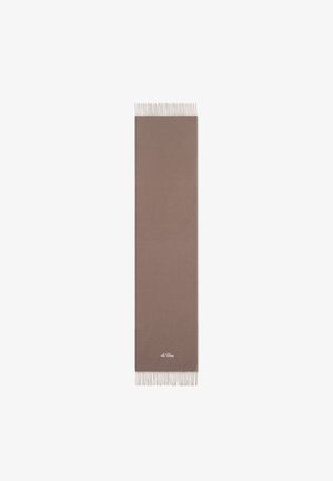 Brown scarf made of soft material with fringe detailing at the ends and a subtle logo in the lower corner. Rectangular shape, smooth texture.