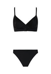 Conjunto de bikini negro de dos piezas con sujetador ligeramente acolchado con tirantes ajustables y bragas de bikini de corte alto acanaladas.