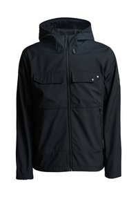 Melna ūdensnecaurlaidīga jaka ar kapuci, rāvējslēdzēja aizdari, divām priekšējām kabatām un elastīgiem piedurknēm. Iespējas ietver gludu audumu un minimālistisku dizainu.