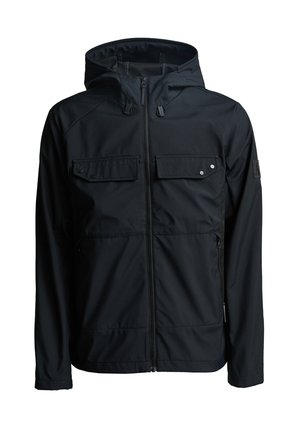 Giacca nera impermeabile con cappuccio, chiusura con zip, due tasche frontali e polsini elasticizzati. Caratterizzata da un tessuto liscio e un design minimalista.