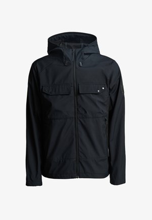 Giacca nera impermeabile con cappuccio, chiusura con zip, due tasche frontali e polsini elasticizzati. Caratterizzata da un tessuto liscio e un design minimalista.