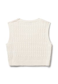 Cremfarbener, gestrickter ärmelloser Sweater-Westen mit einem Zopfmuster und gerippten Kanten, flach auf einem weißen Hintergrund ausgelegt.