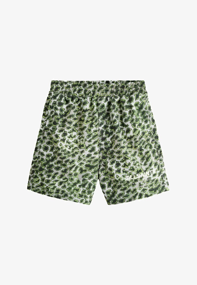 Shorts imprimé léopard vert et noir avec taille élastique, poches latérales et logo blanc « AllSaints London » sur la jambe gauche.