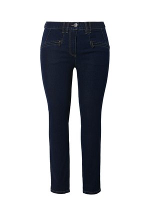 Ciemnoniebieskie dopasowane dżinsy z zapinanymi na zamek kieszeniami z przodu, szlufkami na pasek i zapięciem na guzik w talii.