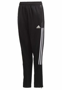 Pantalones deportivos negros de poliéster con un corte ajustado, que cuentan con tres rayas verticales blancas y una cintura elástica.